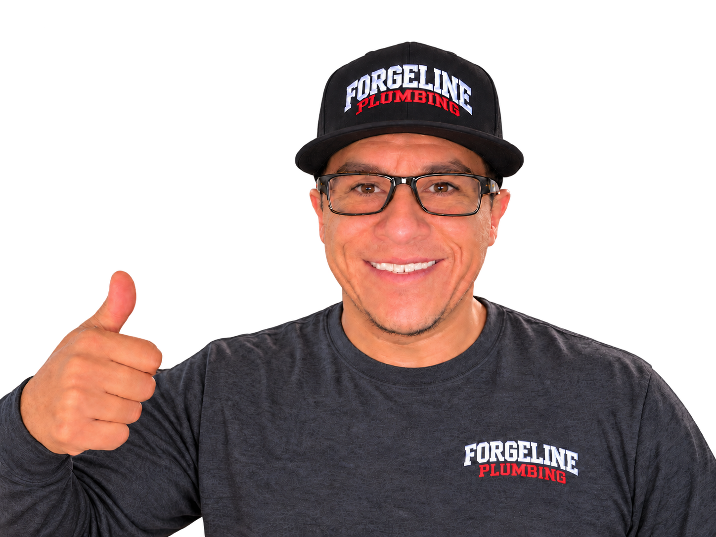 Portrait of Anthony Avila wearing his Forgeline Plumbing hat and charcoal gray long-sleeve company shirt